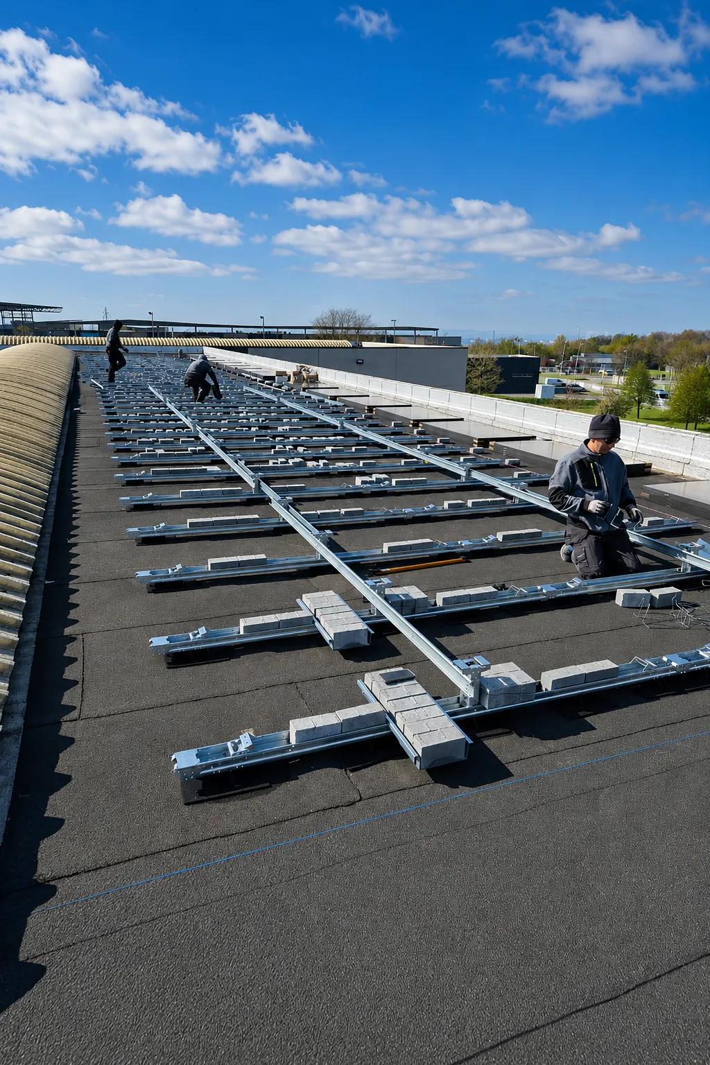 Techniciens DHAF Énergie installant une structure photovoltaïque sur toiture